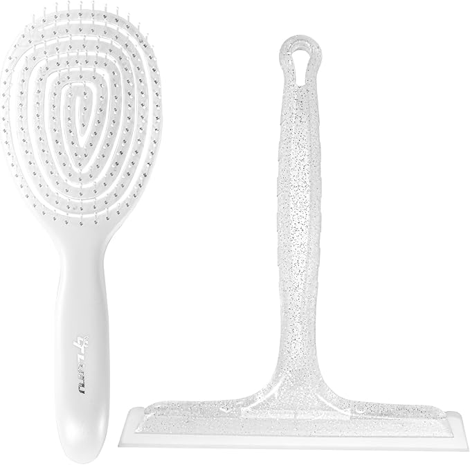 8" Silicone Shower Squeegee for Glass Doors with Silver Hair Comb Set, Bathroom,Kitchen Safe Water Blade, Car Window,Mirror, Tile Scraper — Ideal for Hair Care and Glass Cleaning