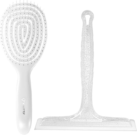 8" Silicone Shower Squeegee for Glass Doors with Silver Hair Comb Set, Bathroom,Kitchen Safe Water Blade, Car Window,Mirror, Tile Scraper — Ideal for Hair Care and Glass Cleaning