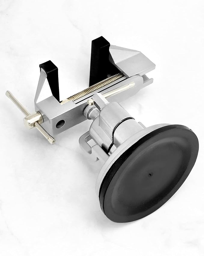 QWORK Portable Vacuum Base Vise with Multi-Angle Rotation - 3.15" Jaw Width Pivots Vise Portable Vacuum Base Vise, for Various Smooth Work Surfaces