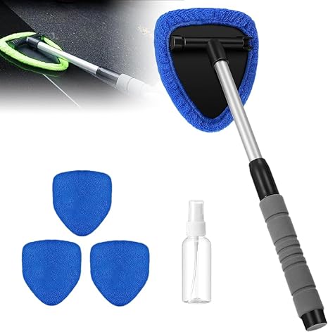 Windshield Cleaning Tool, 2025 New Car Interior Window Cleaning Kit with Extendable Handle, with 3 Towel Pads Windshield