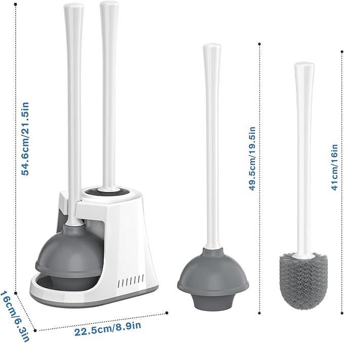 LOVLOY Toilet Plunger and Brush with Holder, Bowl Brush and Heavy Duty Toilet Plunger Set with Ventilated Holder, 2-in-1 Toilet Brush and Plunger Combo for 5.3-inch Toilet Drain New Pack (White, 1)