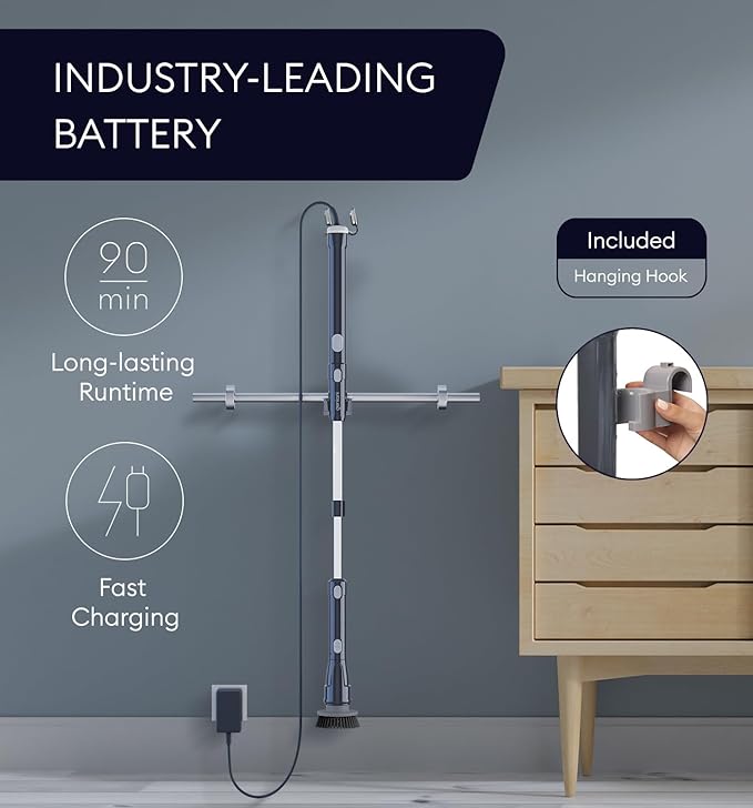GENIANI Electric Spin Scrubber - 360 Cordless Powerful Scrub Brush for Cleaning Bathroom, Tile, Floor, Tub & Shower with Adjustable Extension Handle & 3 Replaceable Rotating Brush Heads (Gloss Black)