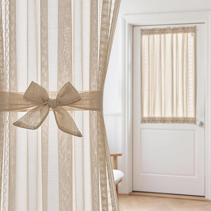 jinchan French Door Curtain Privacy Boho Embroidered Semi Sheer Voile Front Curtain for Window Doorway Closet, Door Panel with Tieback Rod Pocket 1 Panel (White on Beige, 55W x 40L Inch)