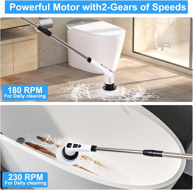 WDFAACK Electric Spin Scrubber,Cordless Spin Scrubber for Cleaning with 8 Replaceable Brush Heads,Shower Scrubber with Adjustable Detachable Handle for Bathroom,Kitchen
