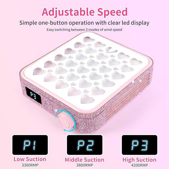BQAN Nail Dust Collector Portable for Home & Salon - 4200RPM Vacuum with Reusable Filter, for Acrylic Drilling Dust Beginner Friendly Small Manicure Tool (Pink Rhinestones)