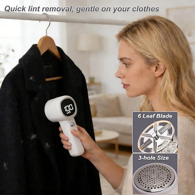 Fabric Shaver Lint Remover Rechargeable with Digital Display，3-Speeds Sweater Shaver to Remove Pilling Defuzzer Fabric Shaver for Clothes, Couch, Curtain, Blanket,Furniture, White