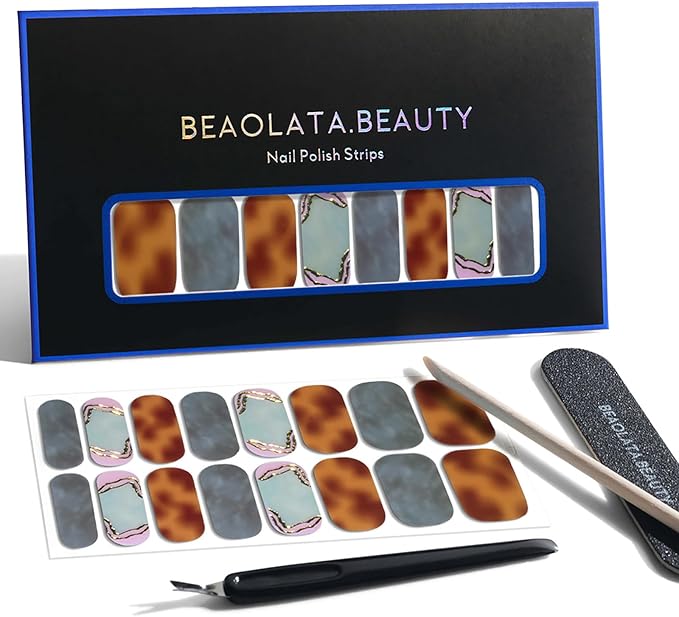 Nail Polish Strips, 32PCS Salon Quality Wraps, Long Lasting Gel Nail Stickers for Women Easy Apply& Remove (Scottish Pebbles Blue&Brown)