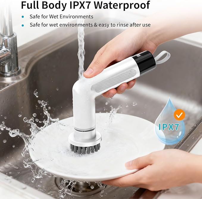 Electric Dish Scrubber, Mini Cordless Kitchen Cleaning Brush with 4 Replaceable Heads, 20W High-Torque Dual Speed, IPX7 Waterproof LED Display 90-120 Mins Runtime (ECB-S3)
