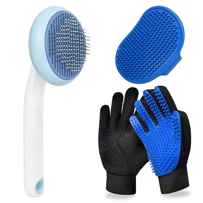 Cat Grooming Glove Brush,Self-Cleaning Slicker Pet Brush for Short and Long Haired Pets,Dog Bath Brush for Shedding and Grooming,Removes Loose Hair and Tangles,Promote Circulation