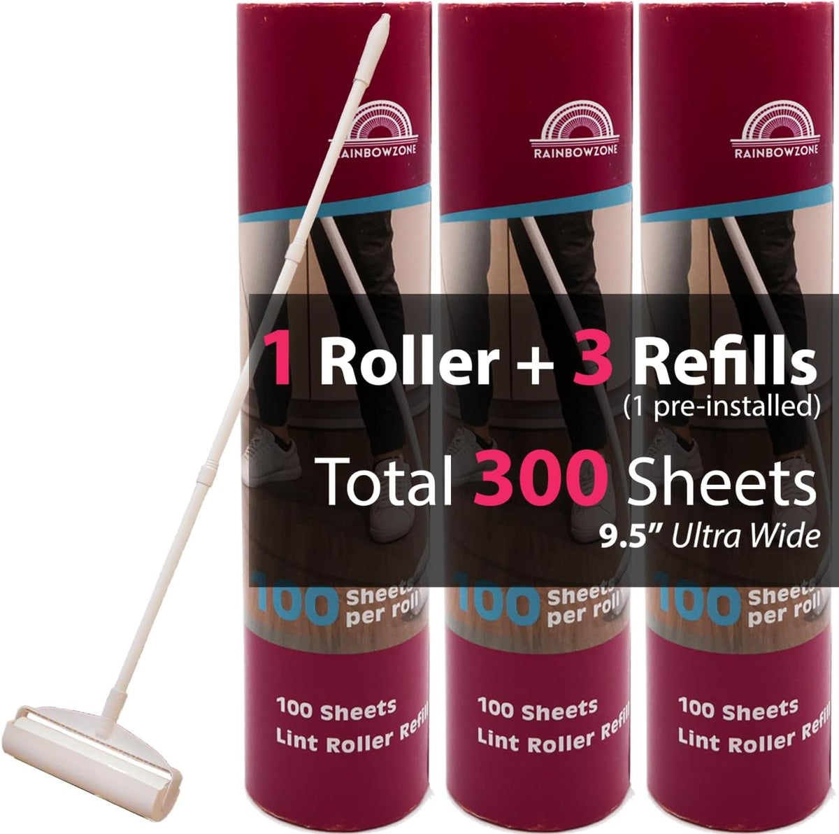 9.45 in Lint Roller for Pet Hair, 45 in Long Handle, 300 Sheets
