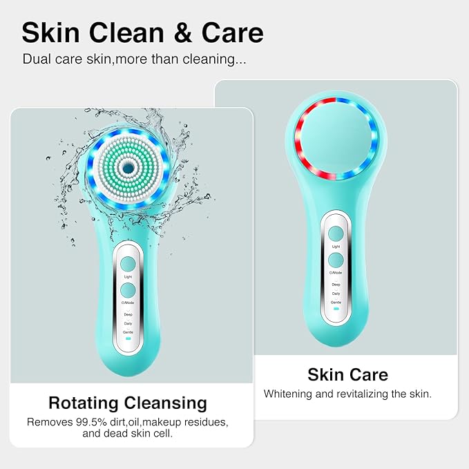 UMICKOO Electric Facial Cleansing Brush, 2-Way Rotating Face Scrubber for Daily & Deep Cleaning, 3 Modes, 5 Brush Heads, Rechargeable, IPX7 Waterproof for All Skin Types