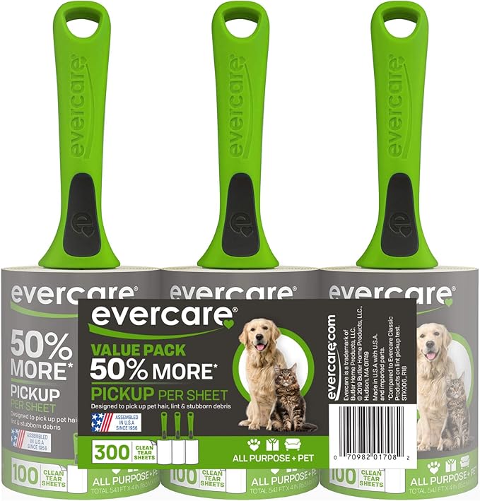 Evercare Pet Hair Lint Rollers All Purpose Use 100 Easy-Tear Sheets Per Roll Reusable Sticky Roller Pets Cat & Dog Hair Remover Contoured Handle For Furniture Clothing & Cars, Set of 3, Green
