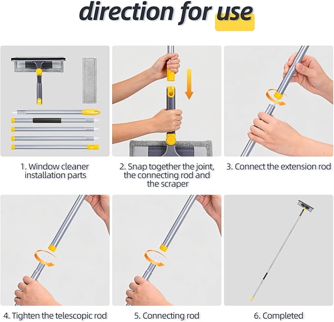 Masthome 77" Window Squeegee with Stainless Steel Pole, 2-in-1 Professional Window Cleaning Kit, 180° Lockable Rotating Head, Streak-Free Scrubber for High Window, Car Windshield, Indoor Outdoor Glass