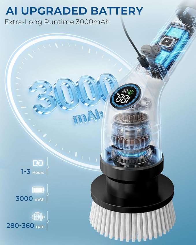 Electric Spin Scrubber, Rechargeable with Upgraded Battery & Extended Runtime, IPX7 Cleaning Brush, 3000mAh Battery 7 Brush Heads 2-Speed Adjustable Long Handle for Bathroom & Tile Floor Cleaning
