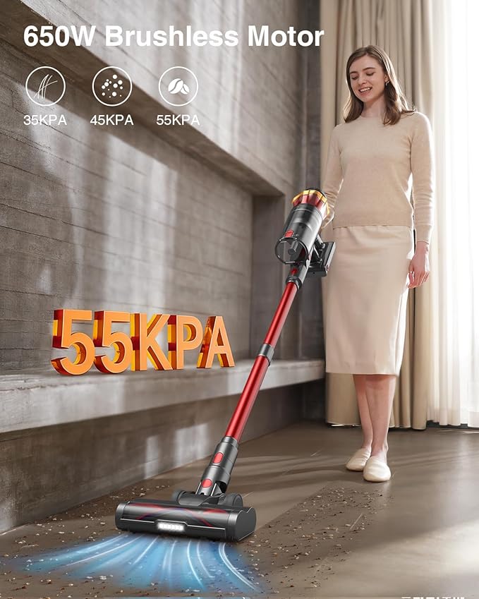 mohomo Cordless Vacuum Cleaner 650W 55KPa Suction, 70Min Runtime Stick Vacuum with Self-Standing, Anti-Tangle Brush, OLED Touch Screen for Hardwood Floor, Carpet, Pet Hair - Red