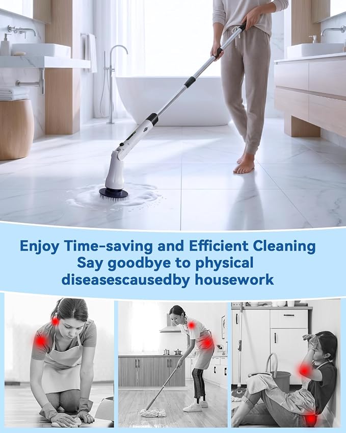 Electric Spin Scrubber, Hillyfe Bathroom Scrubber Electric with 7 Replaceable Brush Heads, IPX7 Waterproof,300/400 RPM, 3 Adjustable Length,Scrubber Brush Electric for Bathtub Floor,White