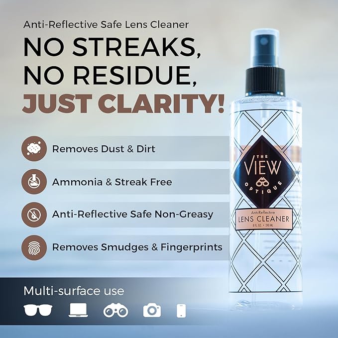 Anti-Reflective Safe Lens Cleaner Spray 8oz Glasses Cleaner Spray with Microfiber Cloth for Eyeglasses, Sunglasses, Camera Lenses & Screens Ammonia-Free 2 Piece Set