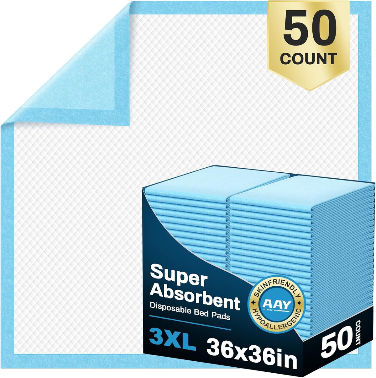 Disposable Bed Pads 36" x 36" 50 Count for Adults, Kids, Puppy Training