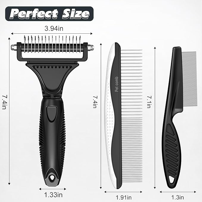 3PCS Pet Grooming Rake & Metal Comb & Flea Comb for Cats and Dogs, Double-Sided Dematting Tool, Extra-Wide Deshedding Dog Brush for Long Hair to Effectively Remove Tangles, Knots and Mats (Black)