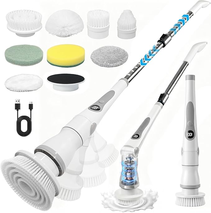 Cordless Electric Spin Scrubber, 4 Angles with 8 Replaceable Brush Heads, Adjustable Handle 3 Speeds with LED Display-90Mins Runtime, IPX7 Waterproof Scrubber Cleaner Brush for Bathtub Bathroom