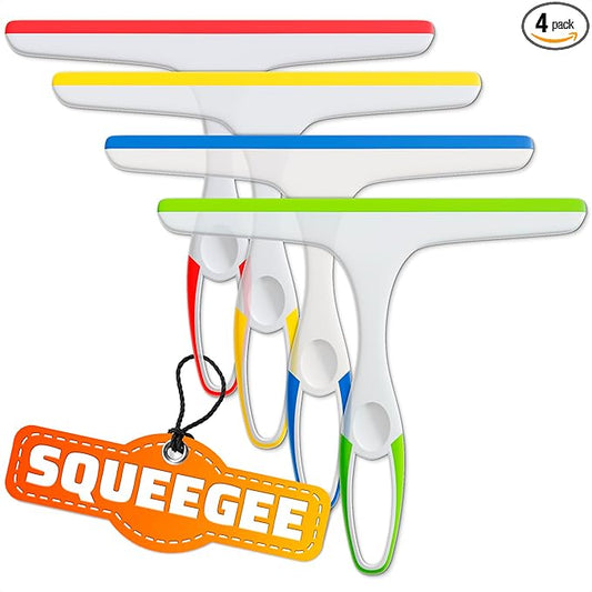 4Pcs 9.5” Hand Squeegee for Shower Glass - Durable Plastic Grip, Random Colors, Flexible Silicone Blade, Easy Hanging Hook, Lightweight Ergonomic Shower Squeegee for Glass Doors, Windows, and Tiles