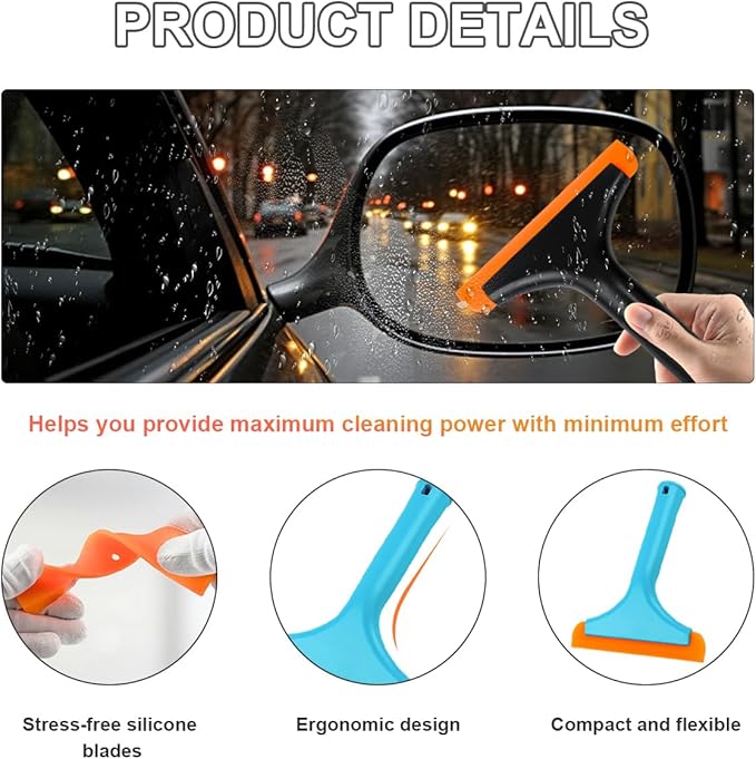 KVAEY 2PCS Small Silicone Window Squeegee, 5.9 Inch Car Windshield Water Blade Squeegee with Non-Slip Handle, All-Purpose Cleaning Squeegee for Car Windshield, Window, Mirror (Black+Blue)