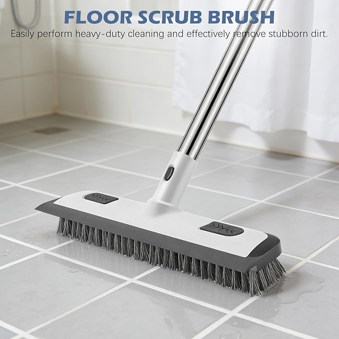 SetSail 4-in-1 Tile Tub Floor Scrubber with 52-inch Adjustable Long Handle Shower Cleaner Brush Comes with Floor Scrub Brush and 3 Replacement Brush Heads for Cleaning Bathroom Tub Tile, White Grey