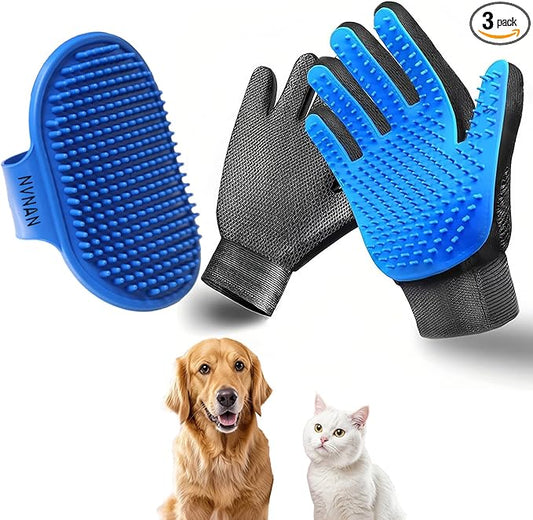 NVNAN Cat & Dog Grooming Gloves - Dog Shampoo Brush & Deshedding Brush for Shedding, Gentle Pet Hair Remover & Massage Gloves for Cats, Dogs, All Fur Types (1 Brush +1 Pair Gloves)