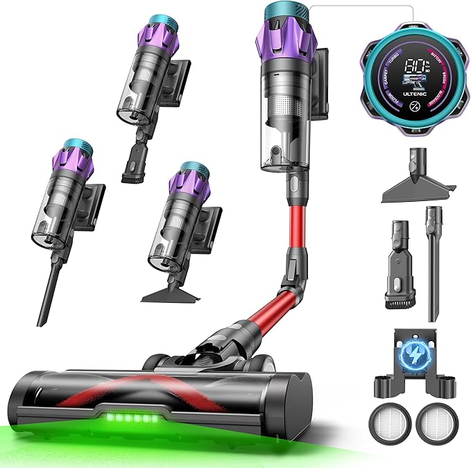Ultenic Cordless Vacuum Cleaner, 55KPA/650W/80Mins Cordless Vacuum with Bendable Tube, Self-Standing Stick Vacuum, Touch Screen, Anti-Tangle Brush, Vacuum Cleaners for Home/Pet Hair/Carpets