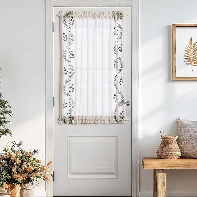jinchan Belrose Sheer French Door Curtain Embroidered Decor Farmhouse Linen Curtain for Patio Light Filtering Door Window Closet 40 Inches 1 Panel Green on Beige