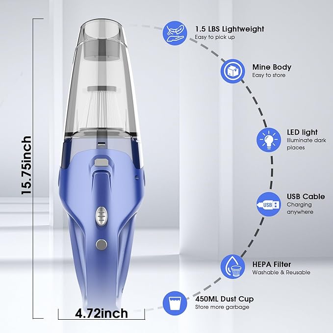 YOOHI Handheld Vacuum Cordless Rechargeable – 6000Pa Mini Hand Held Vacuum, LED Light, 20–25 Mins Runtime, USB Charging, 500ML Cup – Lightweight Small Vacuum Cleaner Cordless for Car/Office/Home