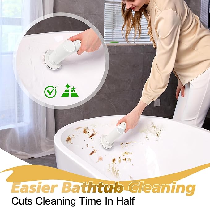 Electric Spin Scrubber, 2600mAh Battery with Extra-Long Runtime, 10 Brush Heads, IPX7 Waterproof Power Shower Scrubber with Long Handle, 2 Speeds Cordless Cleaning Brush for Bathroom Bathtub