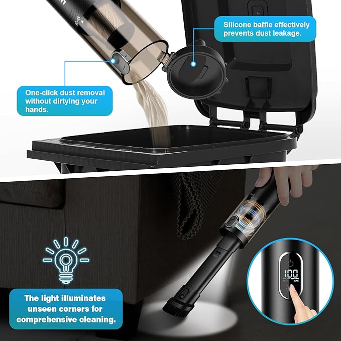 Upbooz Handheld Vacuum Cordless, Car Vacuum with 14000PA Powerful Suction with LED Light, Air Duster 2-in-1,Low Noise Rechargeable Portable Mini Vacuum Cleaner for Car Home Pet Office,Two Gears Black
