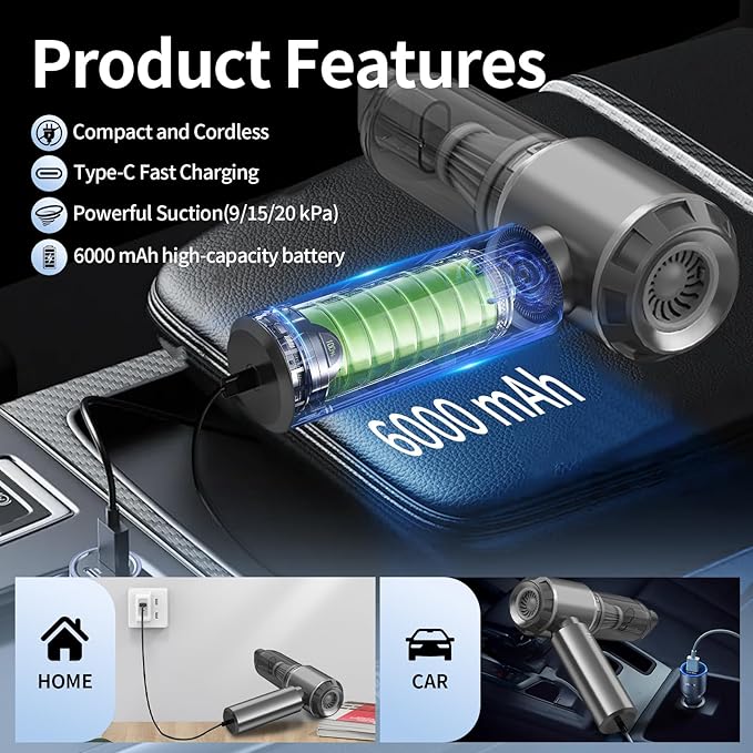 Yejay 20000Pa Car Vacuum Cleaner High Power, Cordless Mini Vacuum Air Duster for Car Detailing Kit, 4-in-1 Portable Handheld Vacuum with Brushless Motor, Aspiradora para Carro, Home Office Pet (Grey)
