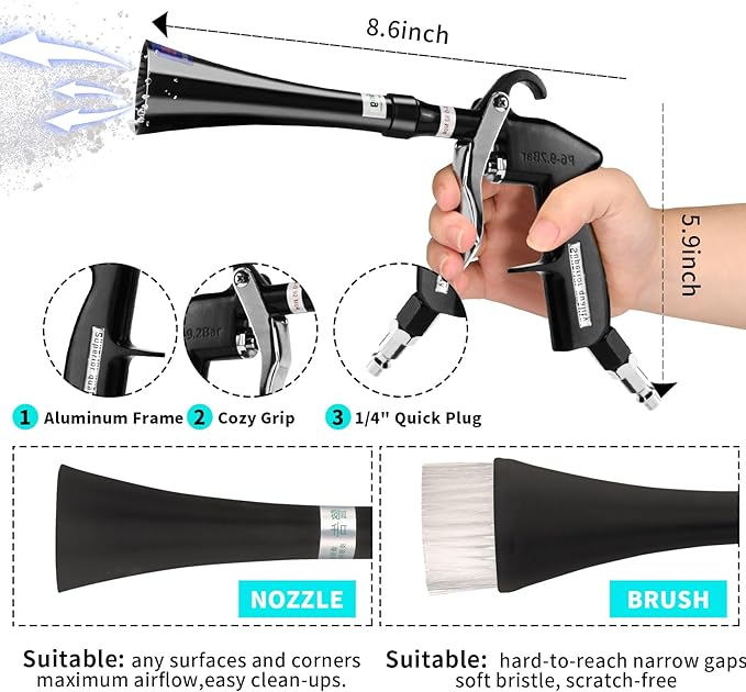 GOCCIDA Tornado Dry Cleaning Gun with Brass Adjustable Air Flow Nozzle,Air Blower Gun Quickly Blasts Dirt and Dust from Surface Works with Air Compressor Black