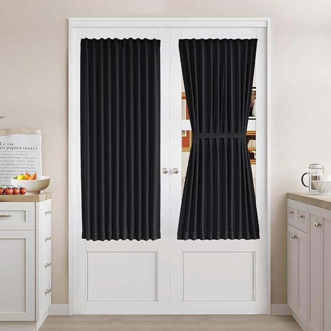 Vatge French Door Curtains - Rod Pocket Blackout Privacy Panel for Living Room/Kitchen Door Window Curtains, 1 Panel, W36 x L54, Black