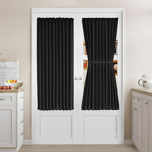 Vatge French Door Curtains - Rod Pocket Blackout Privacy Panel for Living Room/Kitchen Door Window Curtains, 1 Panel, W36 x L54, Black