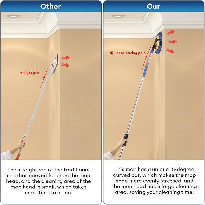 Wall Cleaner, Max 66'' Wall Mop with Long Handle, Ceiling Dust Mop with 15° Labor-Saving Elbow Extension Pole, Baseboard Duster Washer Scrubber, High Reach Window Cleaning Brush, Roof Cleaning Tool-BU