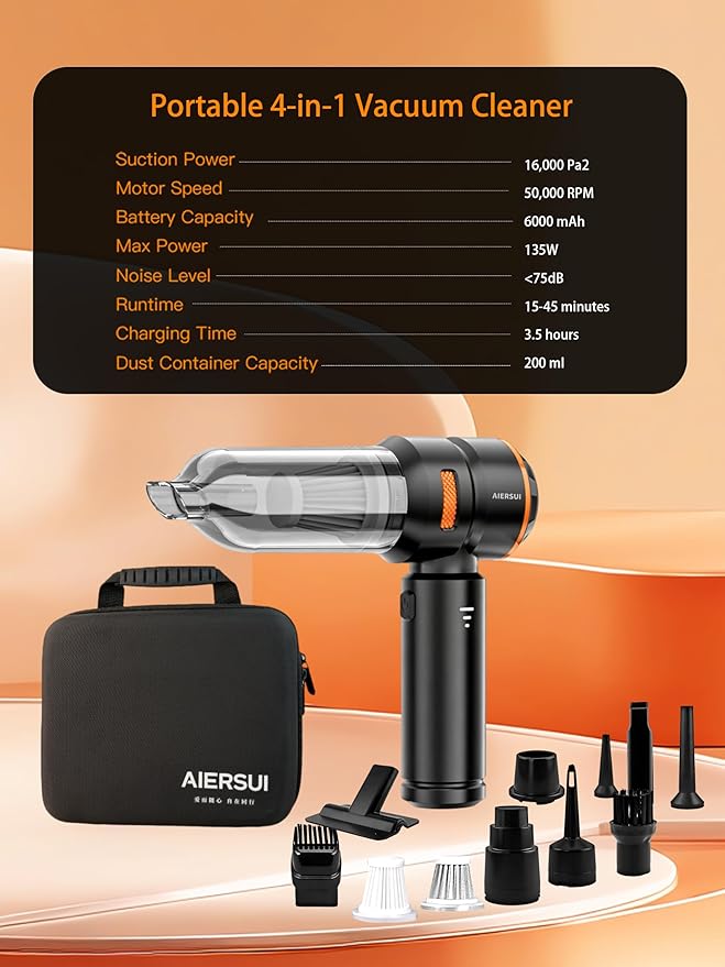 Super-Powered car mini Vacuum Cleaner 80,000RPM, Four-in-one: Blower, Vacuum Cleaner, air Extractor, and Pump. Handheld dust Collector, Handheld dust Blower, Hair Dryer, Cordless (Orange)