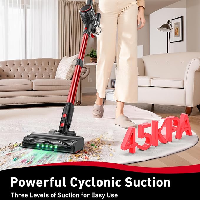 Cordless Vacuum Cleaner, 45KPA Stick Vacuum, 45Mins Runtime, 8-in-1 Anti-Tangle Vacuum Cleaners for Home with LED Display, Rechargeable Lightweight Vacuum for Pet Hair/Carpet/Floor