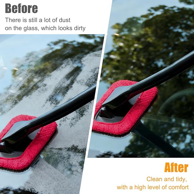 Car Windshield Cleaning Tool, Microfiber Vehicle Window Cleaner with 5 Washable Reusable Cloth Pad & 1 Spray Bottle, Automotive Glass Wiper Cleaning Kit Accessories, Universal Fit (Red)