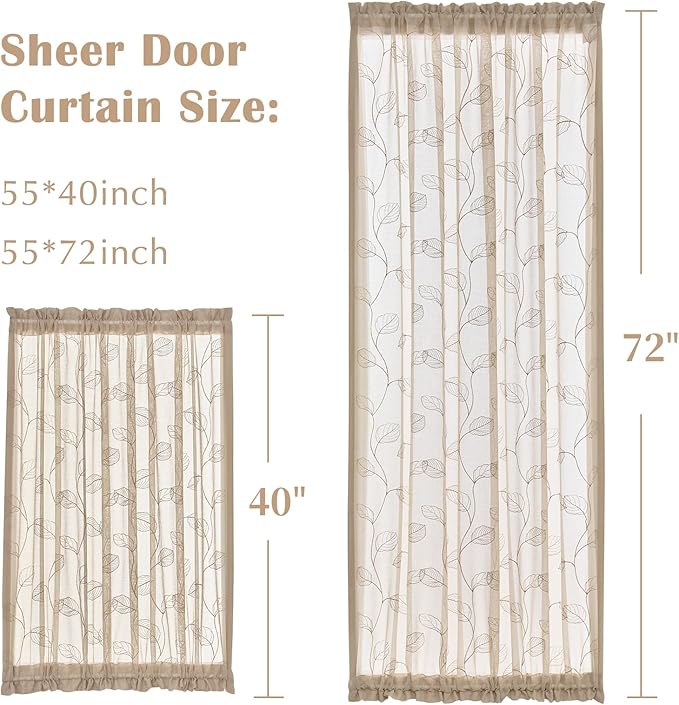 jinchan French Door Curtain Privacy Rustic Leaf Embroidered Semi Sheer Voile Front Curtain for Window Doorway Closet, Door Panel with Tieback Rod Pocket 1 Panel 55W x 40L Inch Beige