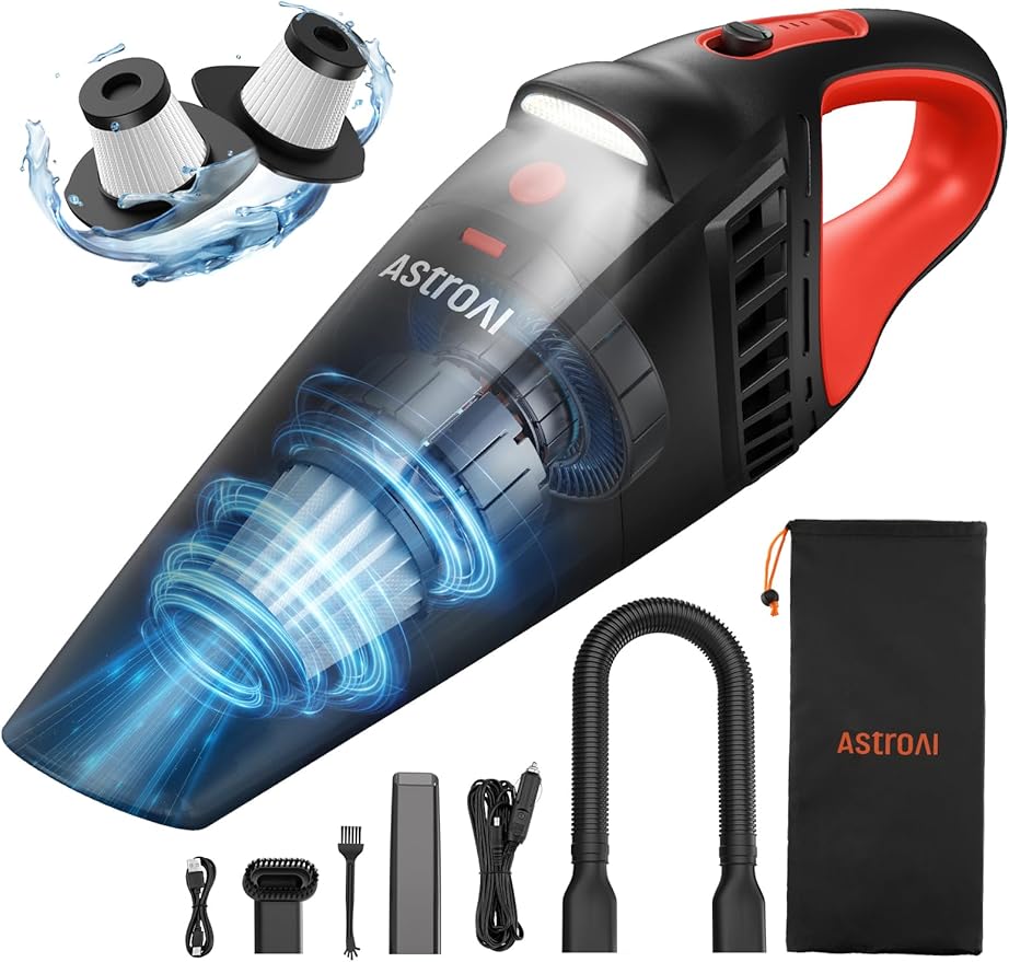 AstroAI V2 Mini Portable Cordless Handheld Car Vacuum Cleaner, 6000mAh & 12V DC, LED Light, Brush, Extended Nozzle, Hose, Portable Handheld Vacuum for Car, Home, Office & Pet Cleaning, Red