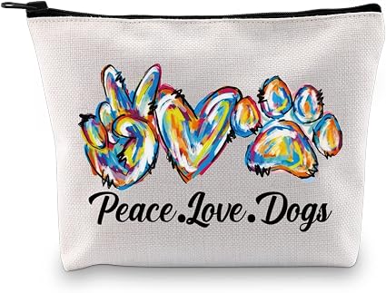 JXGZSO Dog Cosmetic Zipper Bag Peace Love Dogs Pouch Bag Doggie Gift Dog Paw Print Makeup Bag