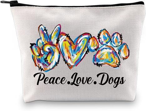 JXGZSO Dog Cosmetic Zipper Bag Peace Love Dogs Pouch Bag Doggie Gift Dog Paw Print Makeup Bag
