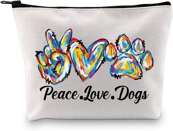 JXGZSO Dog Cosmetic Zipper Bag Peace Love Dogs Pouch Bag Doggie Gift Dog Paw Print Makeup Bag