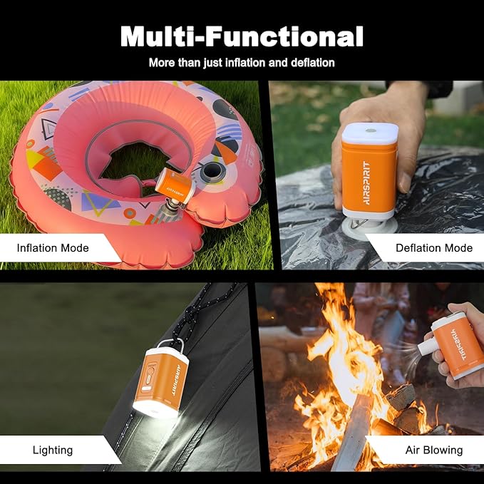 Portable Electric Mini Air Pump for Inflatables-Camping (SOS) Light,5 Universal Nozzles,Carabiner Clip,1200mAh Rechargeable-Fast Inflate/Deflate Pool Float/Air Mattress Bed/Vacuum Bag Home Storage