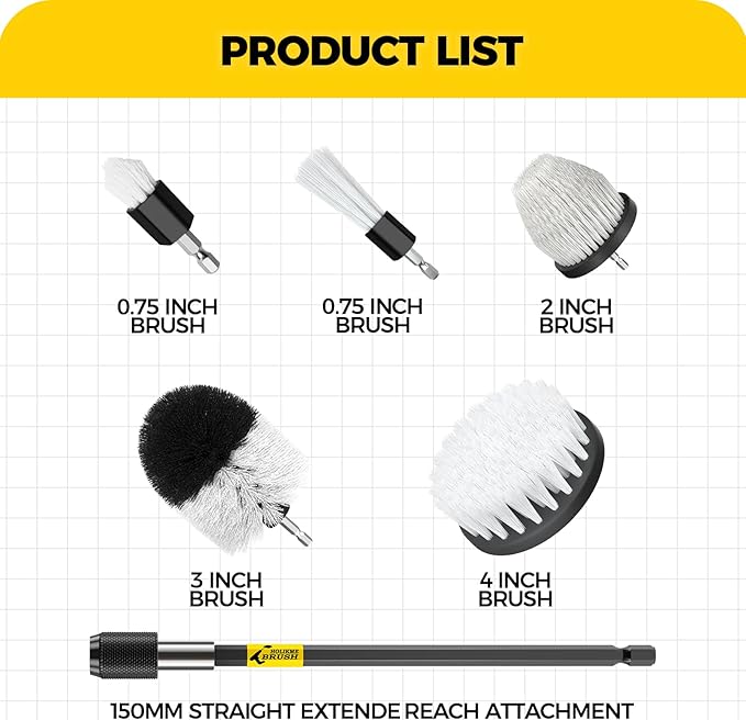Holikme 7Pack Drill Brush Attachment Set-Car Interior Detailing Kit，Power Scrubber Brush Extended Long Attachment for Bathroom, Car，Shower，Carpet,Boat,Kitchen，Floor and Tile，White