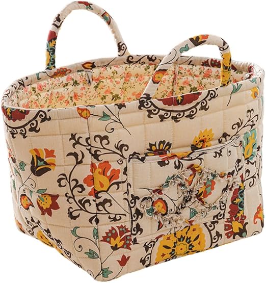 Quilted Fabric Storage Basket with Handles – Boho Foldable Floral Organizer Bin for Home, Picnic, Shopping, Travel 13"x1