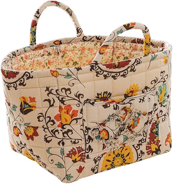 Quilted Fabric Storage Basket with Handles – Boho Foldable Floral Organizer Bin for Home, Picnic, Shopping, Travel 13"x1